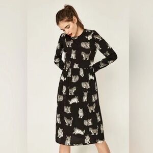 Zara Black Cat Print Midi Dress